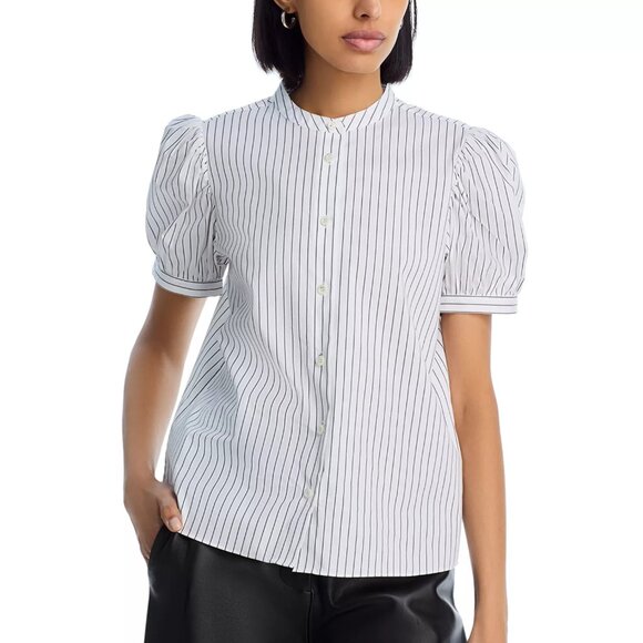 348$ FRAME The Gathered Striped Button Up Top Short Puff Sleeves Size XS Navy - Picture 1 of 4